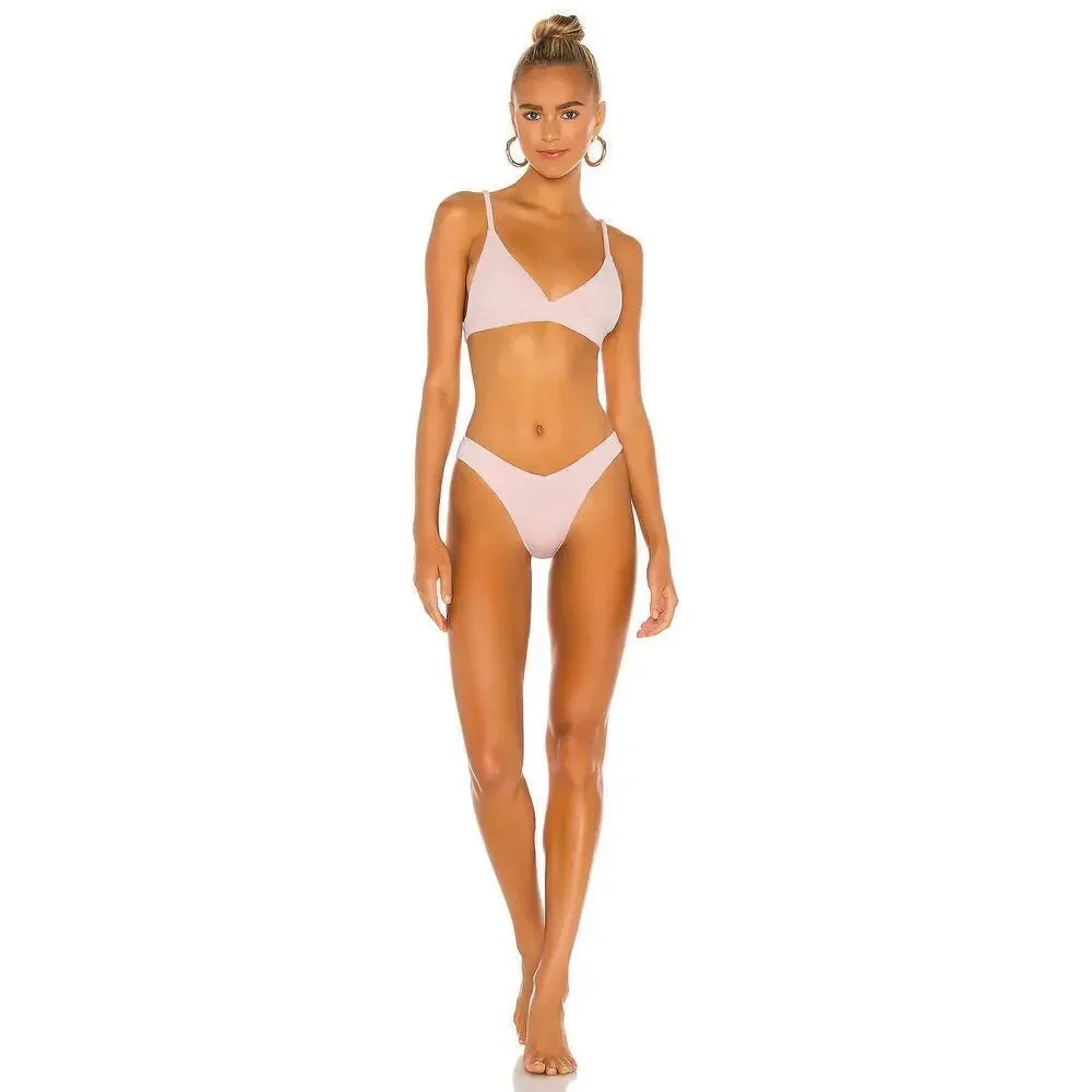 Frankie's Bikinis Claire Unpadded Triangle Terry Bikini Top Baby Pink Large